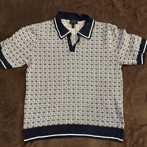 Magaschoni Blue and White Geometric Polo Shirt